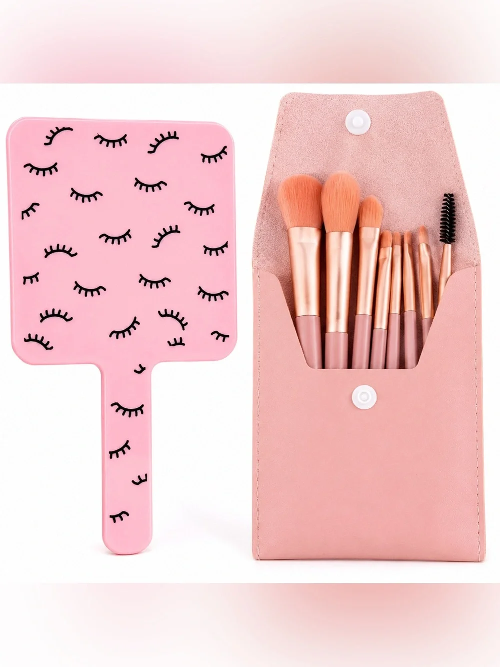 Pink Handheld Makeup Mirror & 8pc Travel Brush Set Case Cute Beauty Gift Bundle